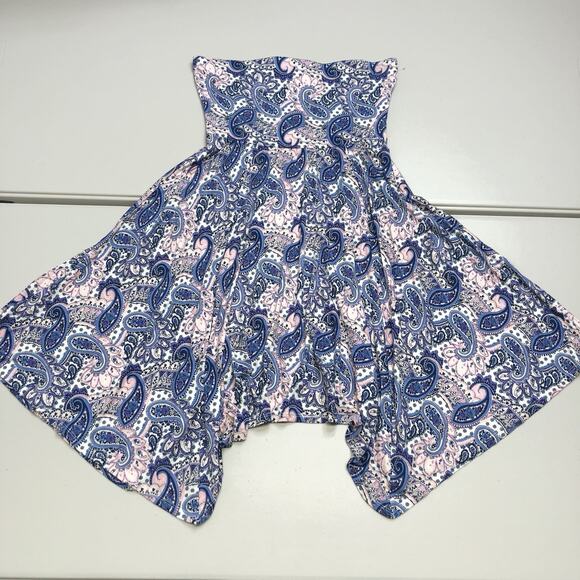 Express Dresses & Skirts - Express Strapless Knit Dress Women M Pink Blue Paisley Asymmetrical Hem Stretch